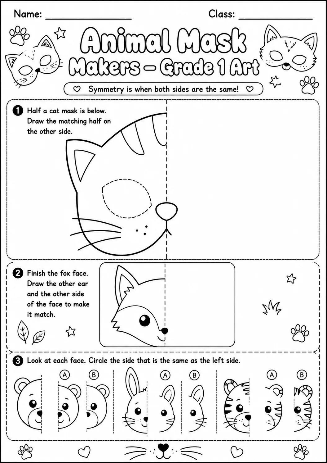 Animal Masks Symmetry Drawing Worksheet Pack printable Art worksheet preview from KiwiBee