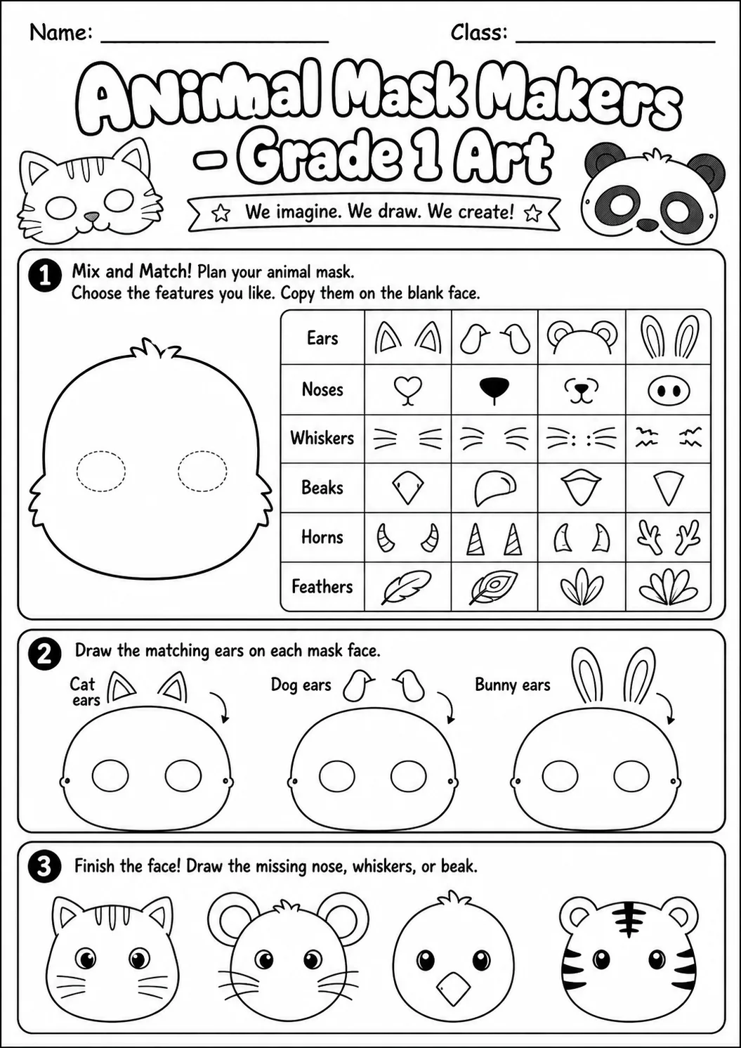 Animal Masks Symmetry Drawing Worksheet Pack page 5 preview