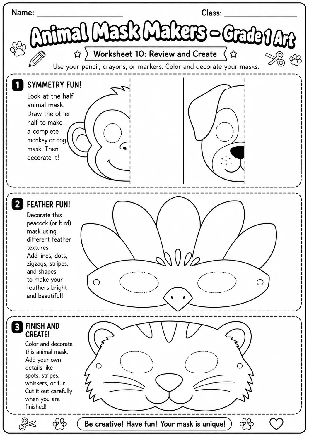 Animal Masks Symmetry Drawing Worksheet Pack page 10 preview