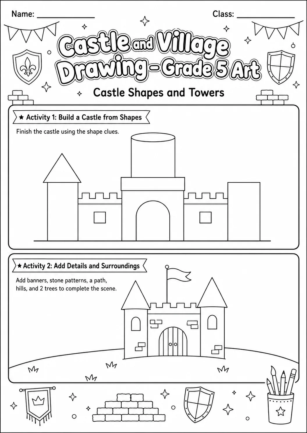 Castle Village Drawing Worksheet Pack printable Art worksheet preview from KiwiBee
