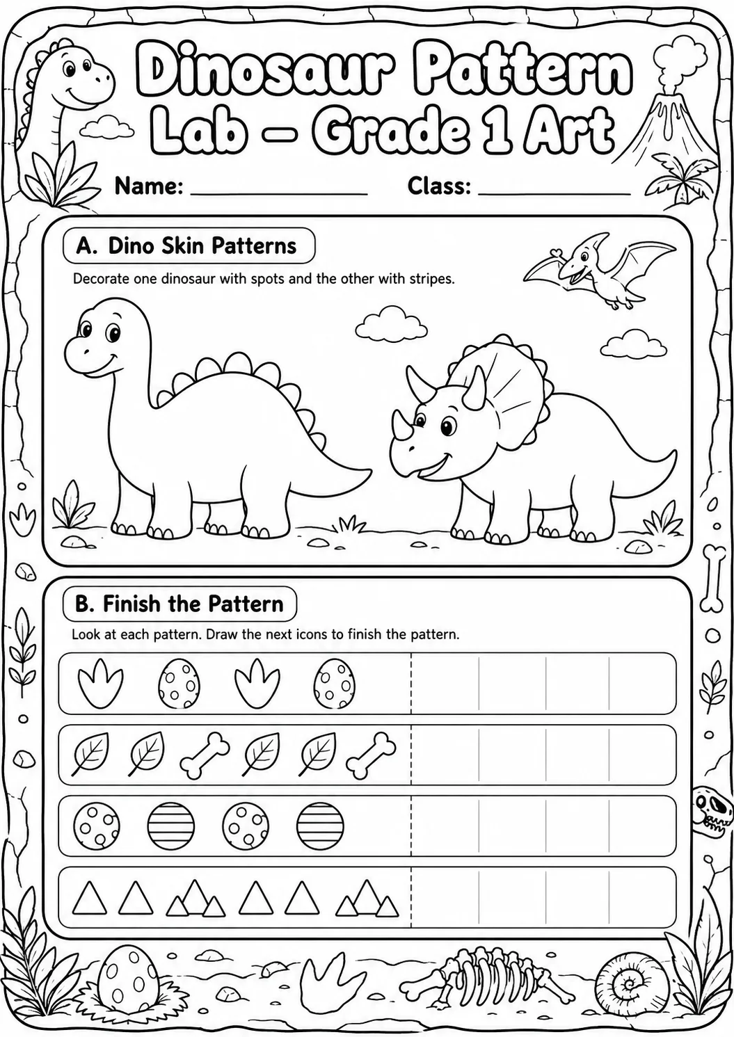 Dinosaur Patterns Art Worksheet Pack printable Art worksheet preview from KiwiBee