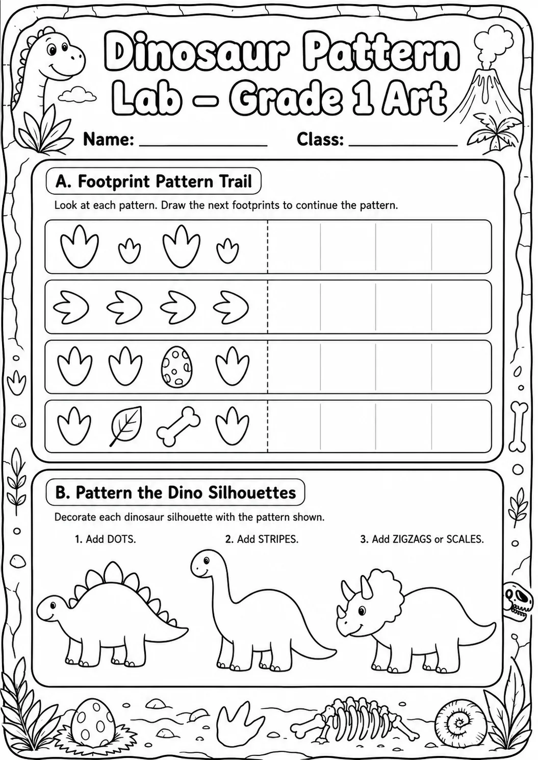 Dinosaur Patterns Art Worksheet Pack page 3 preview