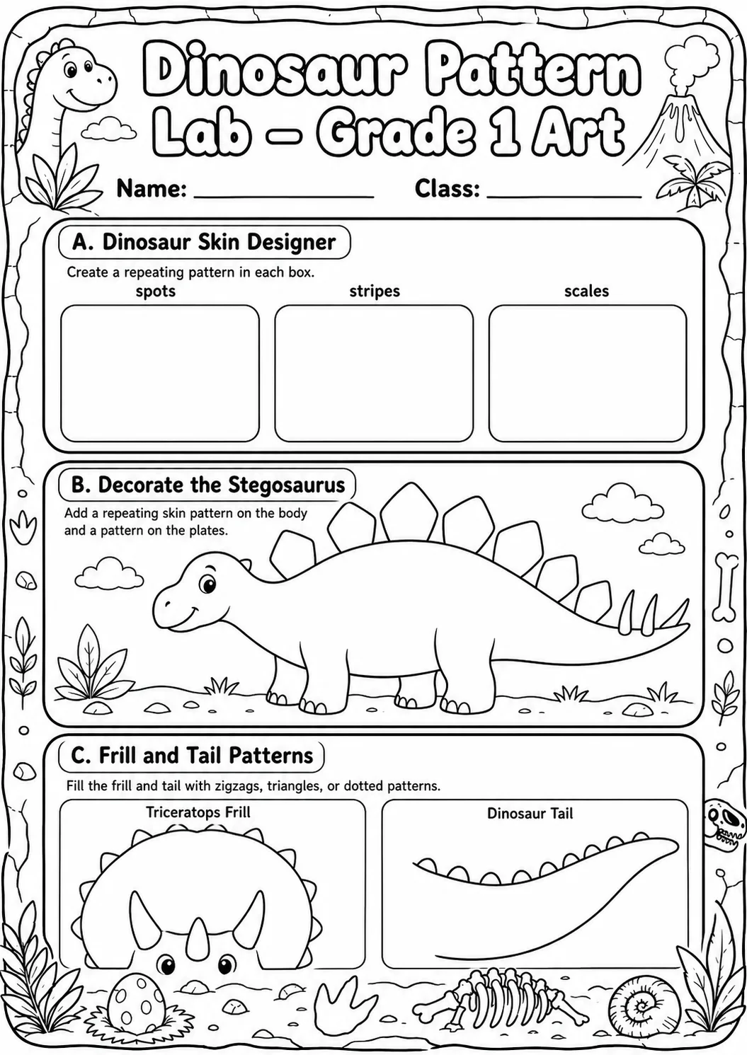 Dinosaur Patterns Art Worksheet Pack page 5 preview