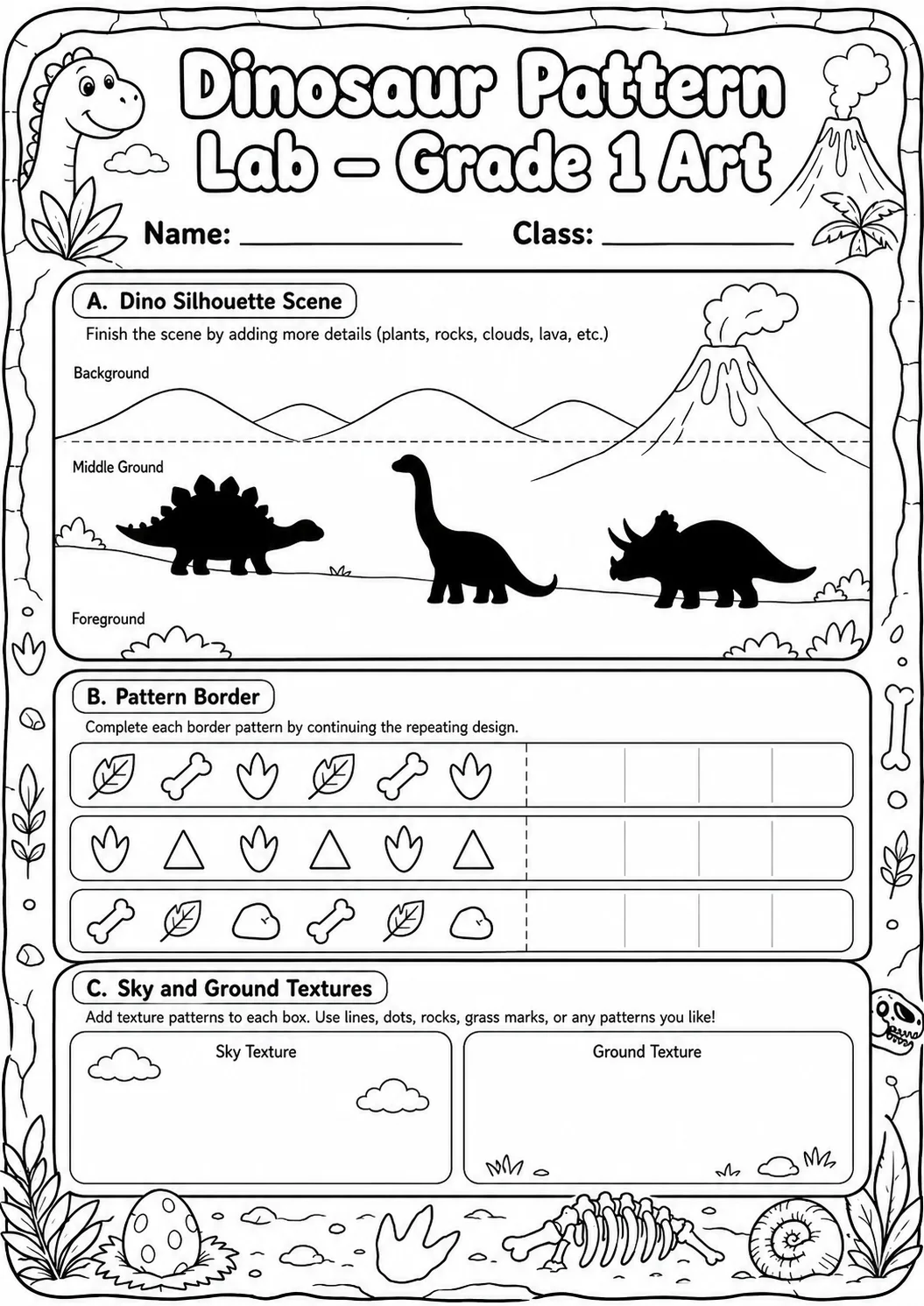 Dinosaur Patterns Art Worksheet Pack page 7 preview