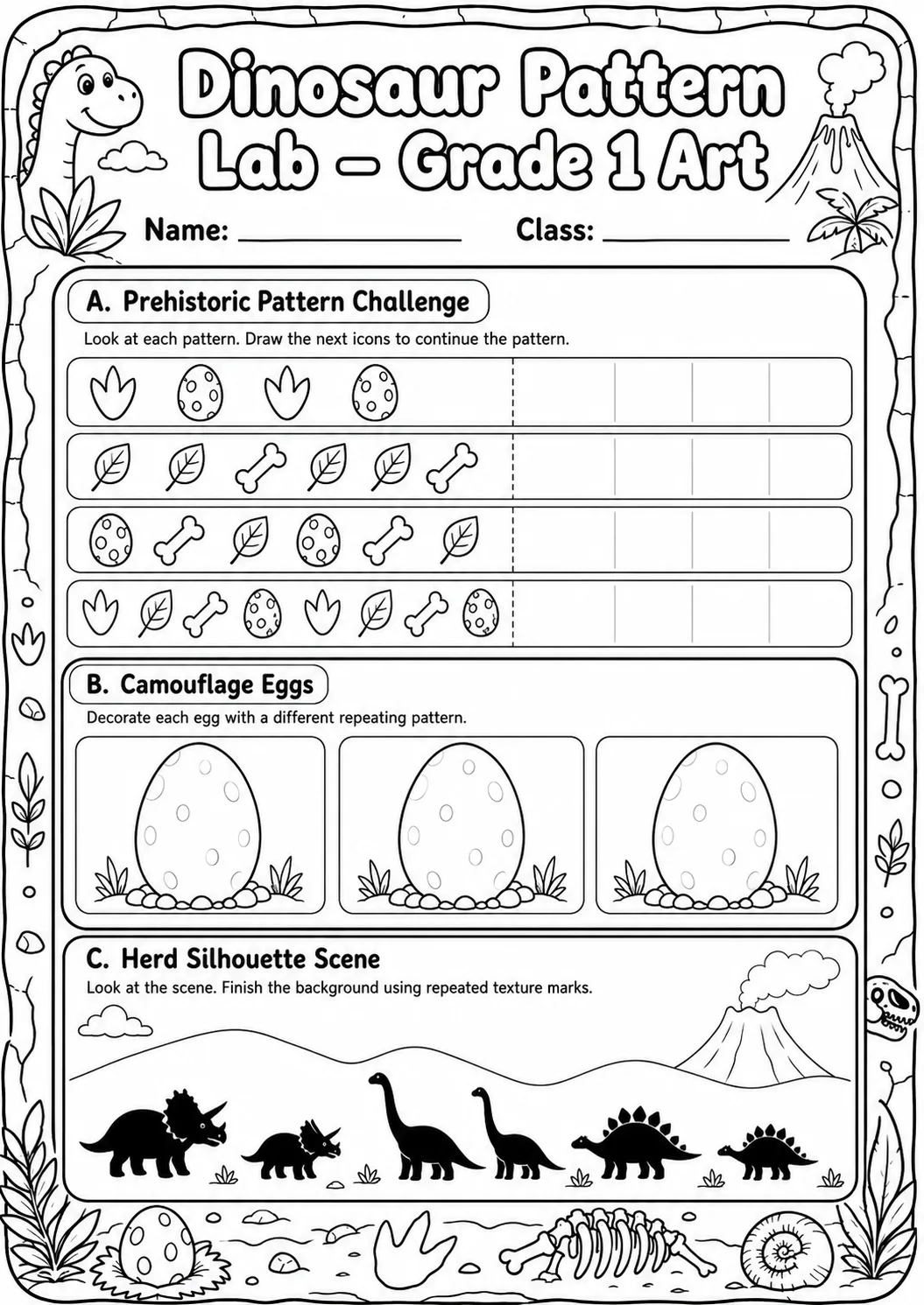 Dinosaur Patterns Art Worksheet Pack page 9 preview