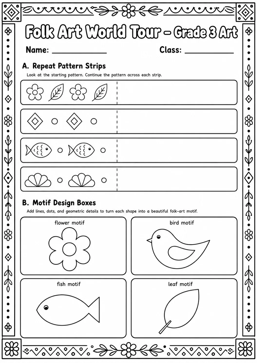 Folk Art World Tour Patterns Worksheet Pack printable Art worksheet preview from KiwiBee