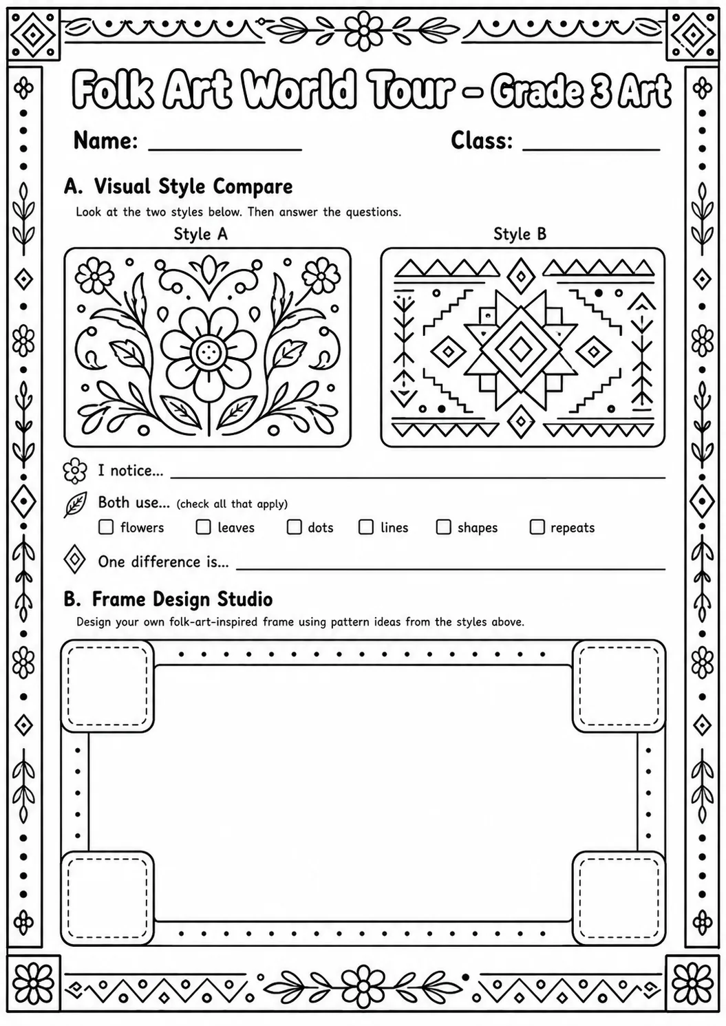 Folk Art World Tour Patterns Worksheet Pack page 3 preview