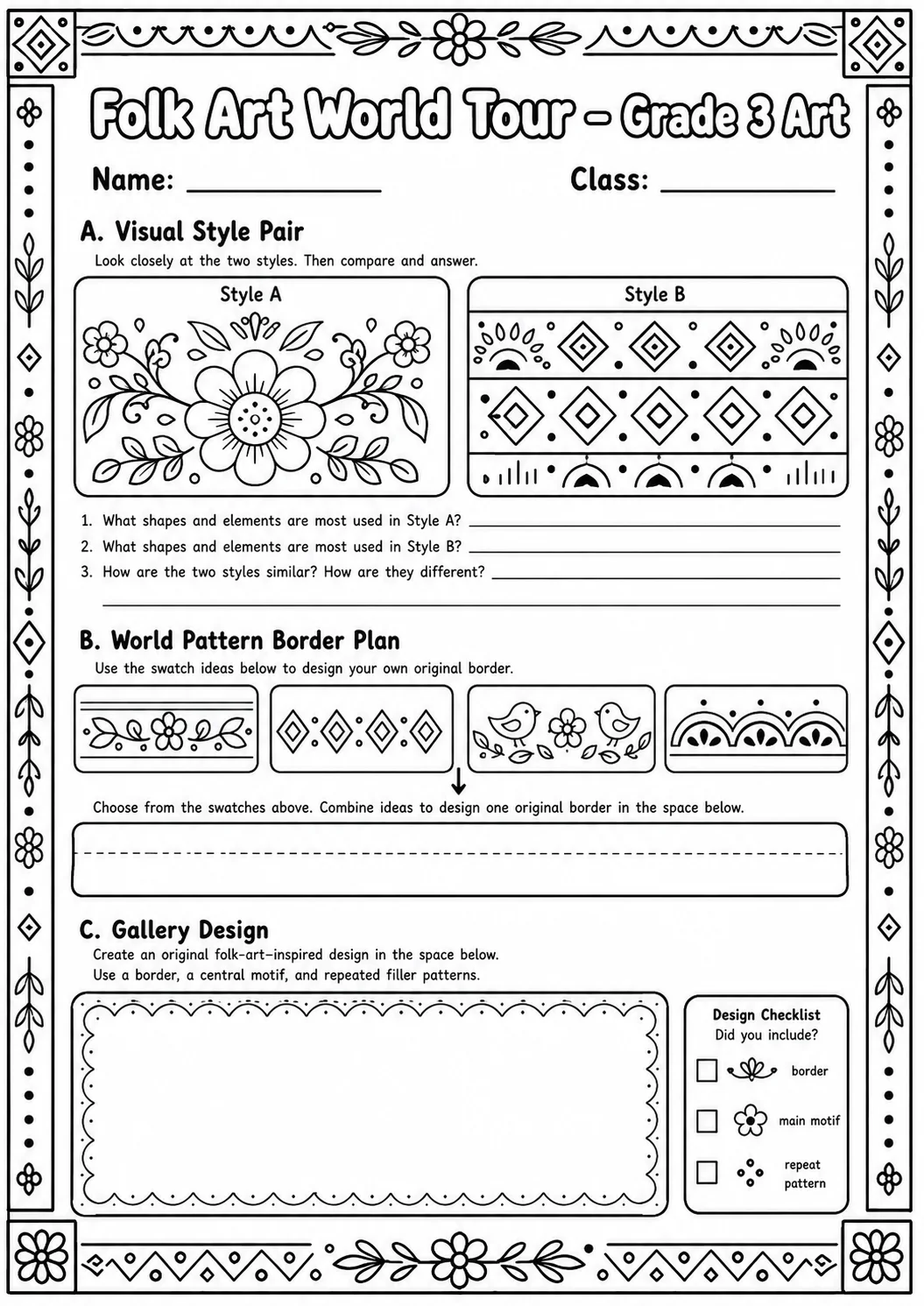 Folk Art World Tour Patterns Worksheet Pack page 4 preview