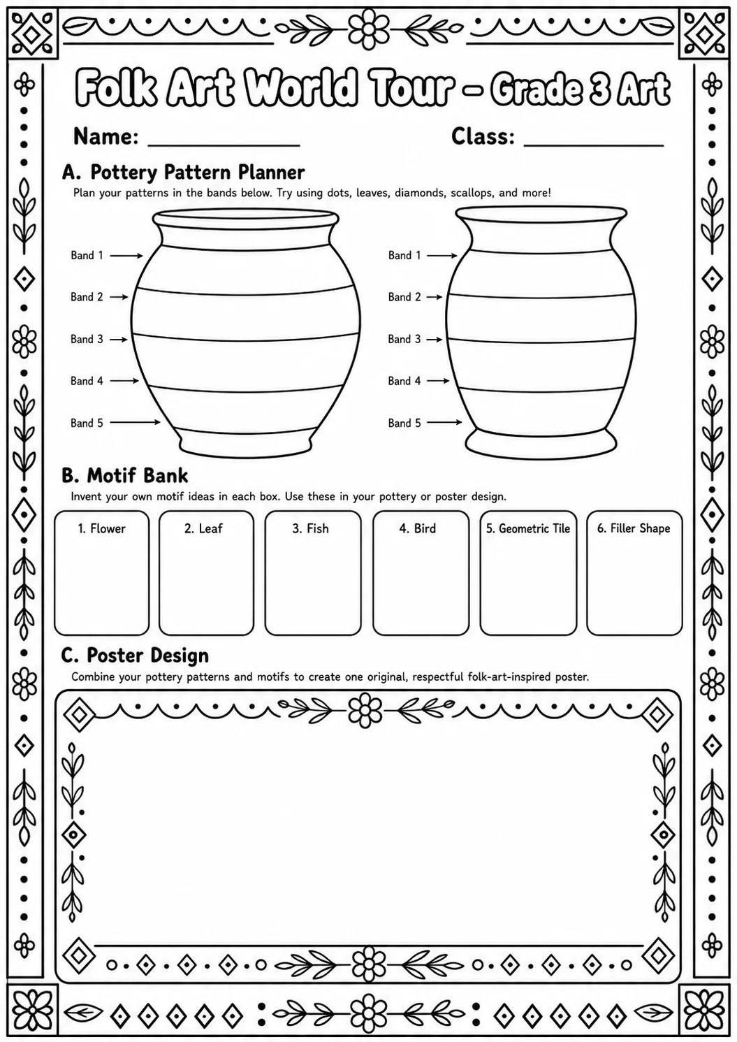 Folk Art World Tour Patterns Worksheet Pack page 5 preview