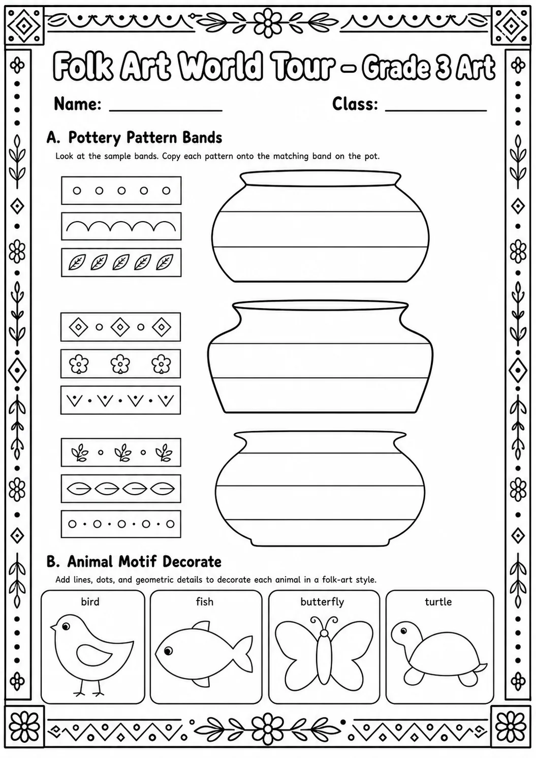 Folk Art World Tour Patterns Worksheet Pack page 6 preview