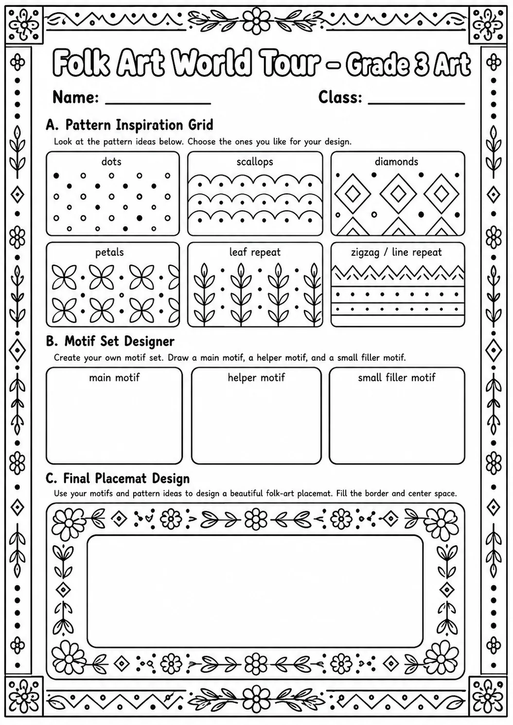 Folk Art World Tour Patterns Worksheet Pack page 7 preview