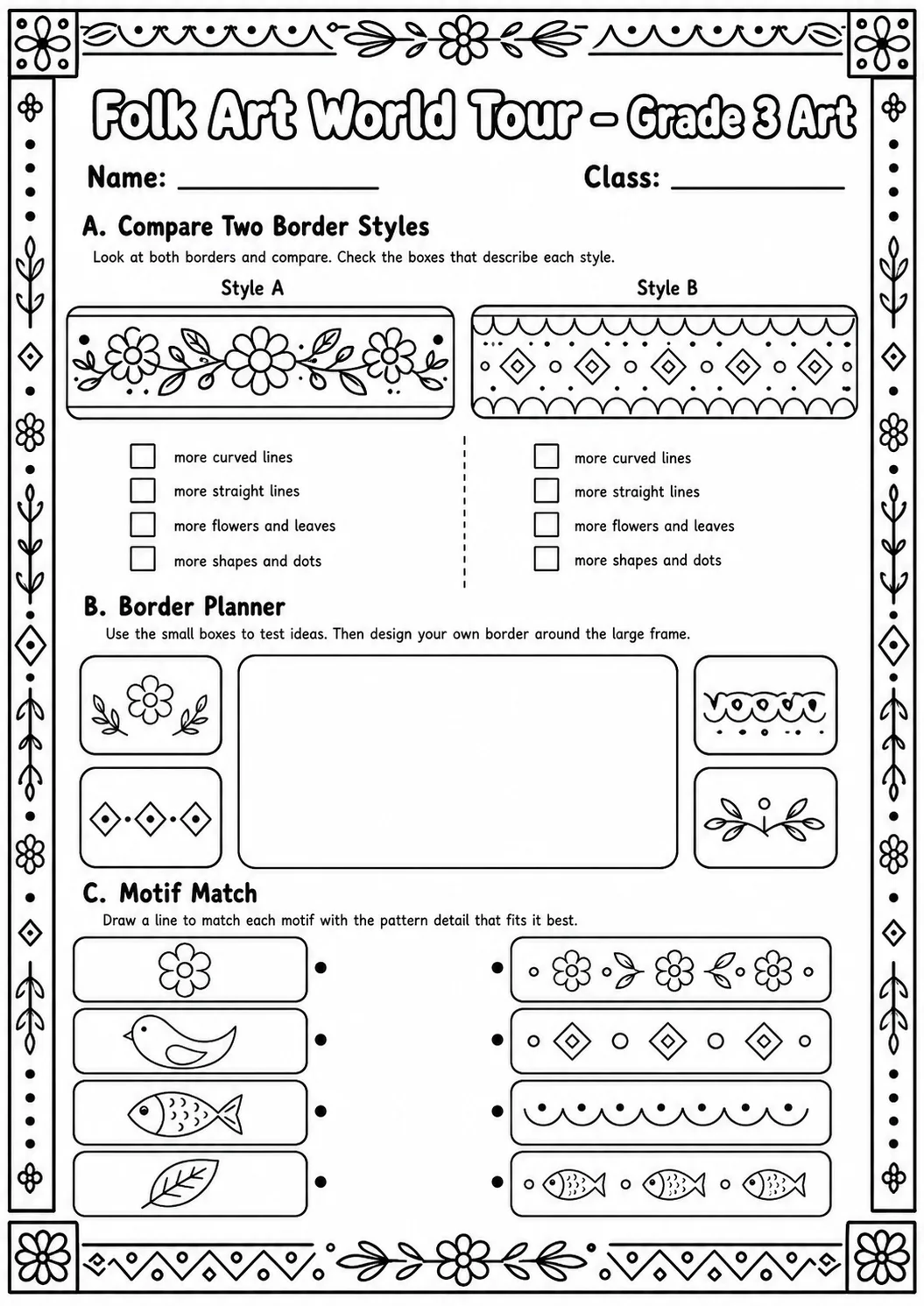 Folk Art World Tour Patterns Worksheet Pack page 8 preview