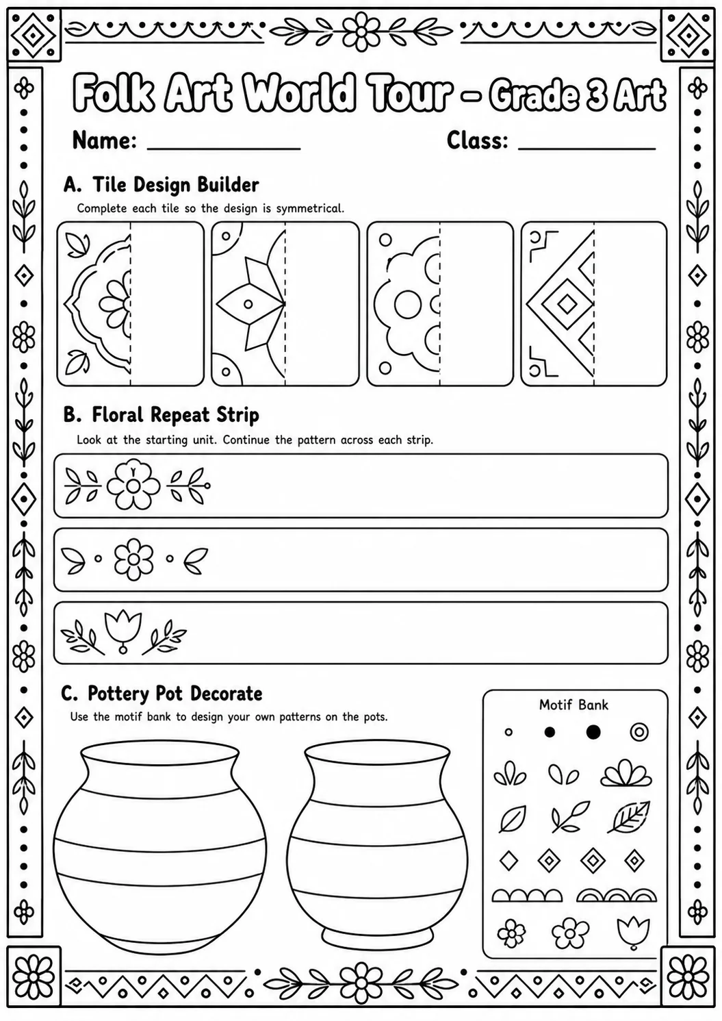 Folk Art World Tour Patterns Worksheet Pack page 9 preview