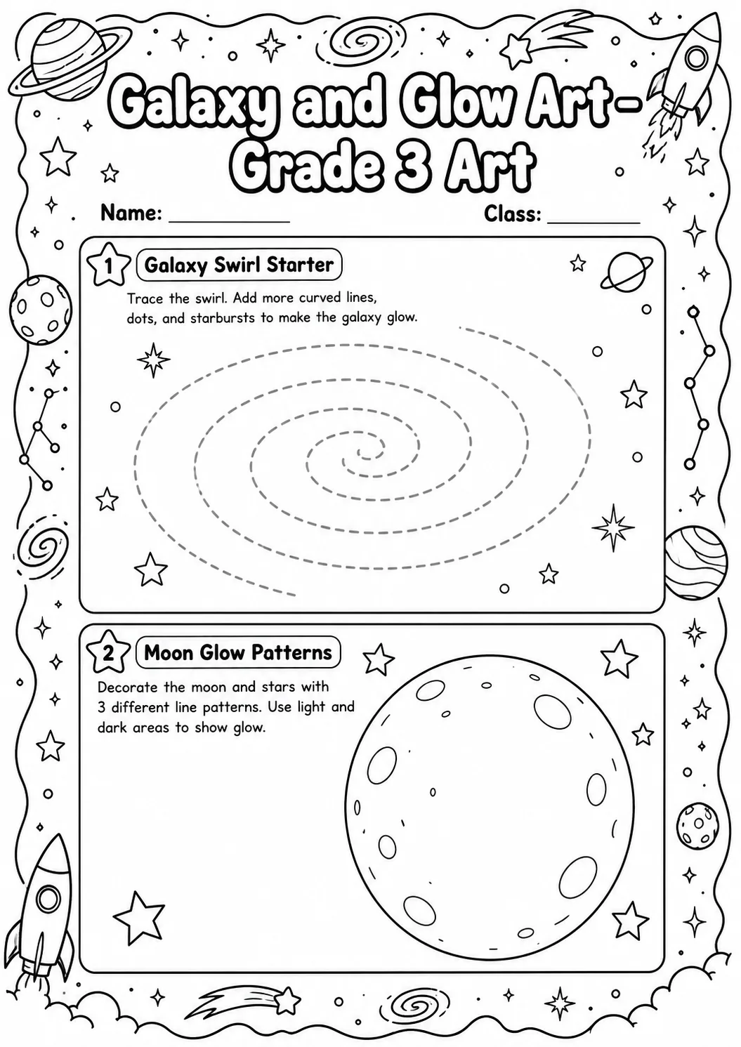 Galaxy and Glow Art Worksheet Pack printable Art worksheet preview from KiwiBee
