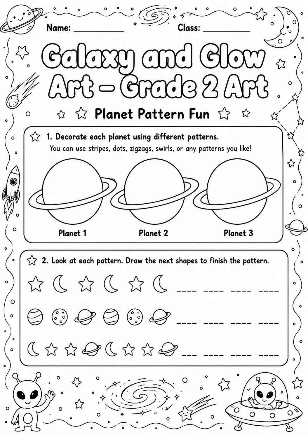 Galaxy and Glow Patterns Worksheet Pack printable Art worksheet preview from KiwiBee