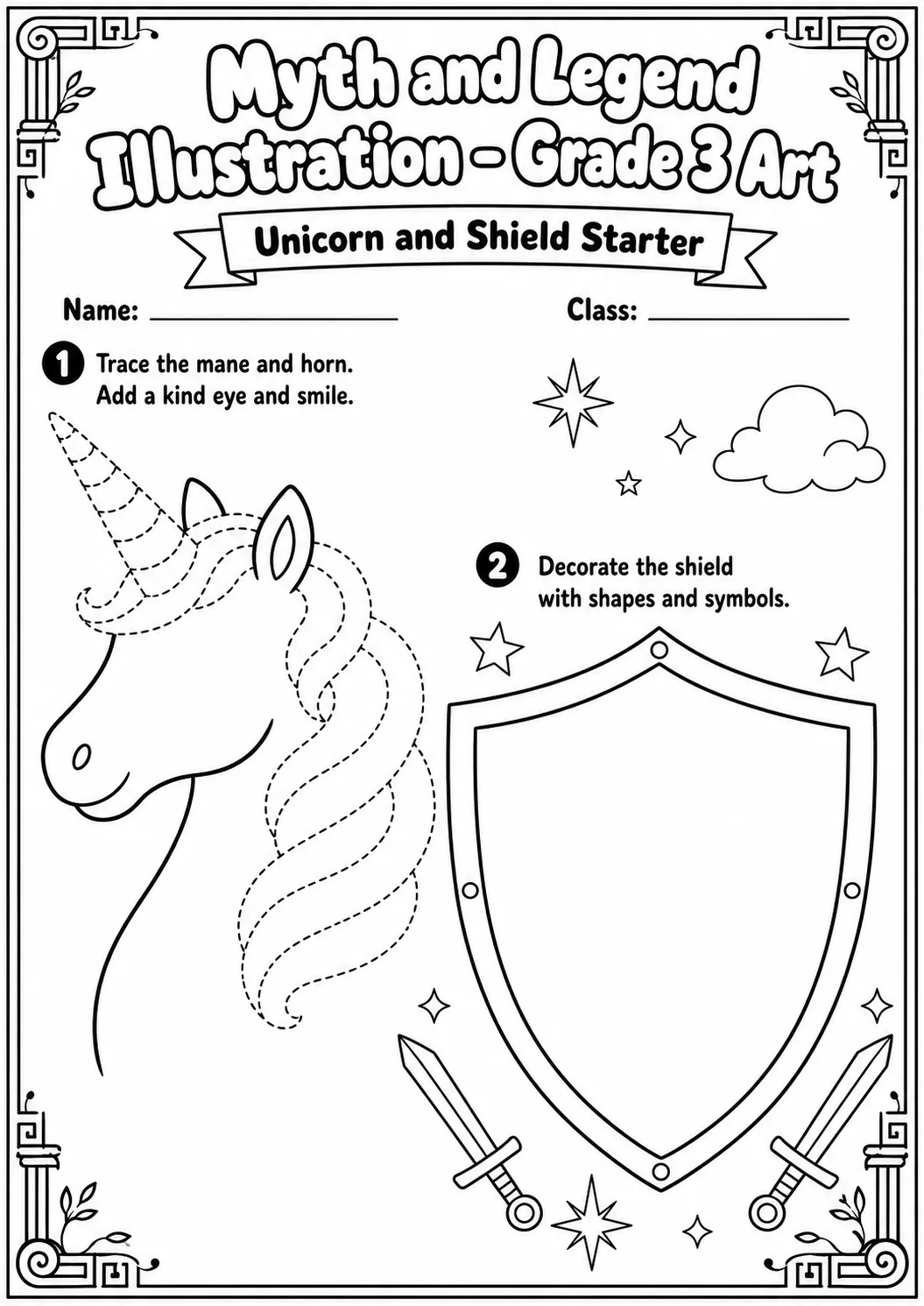 Unicorn and Shield Illustration Worksheet Pack printable Art worksheet preview from KiwiBee