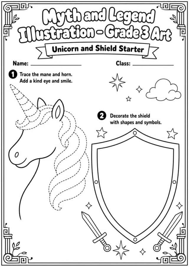 Unicorn and Shield Illustration Worksheet Pack