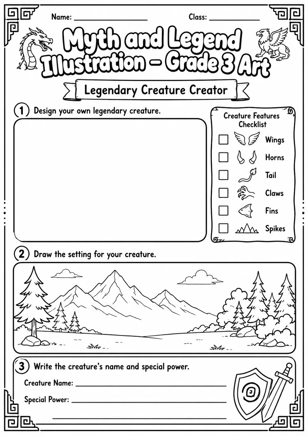 Unicorn and Shield Illustration Worksheet Pack page 5 preview