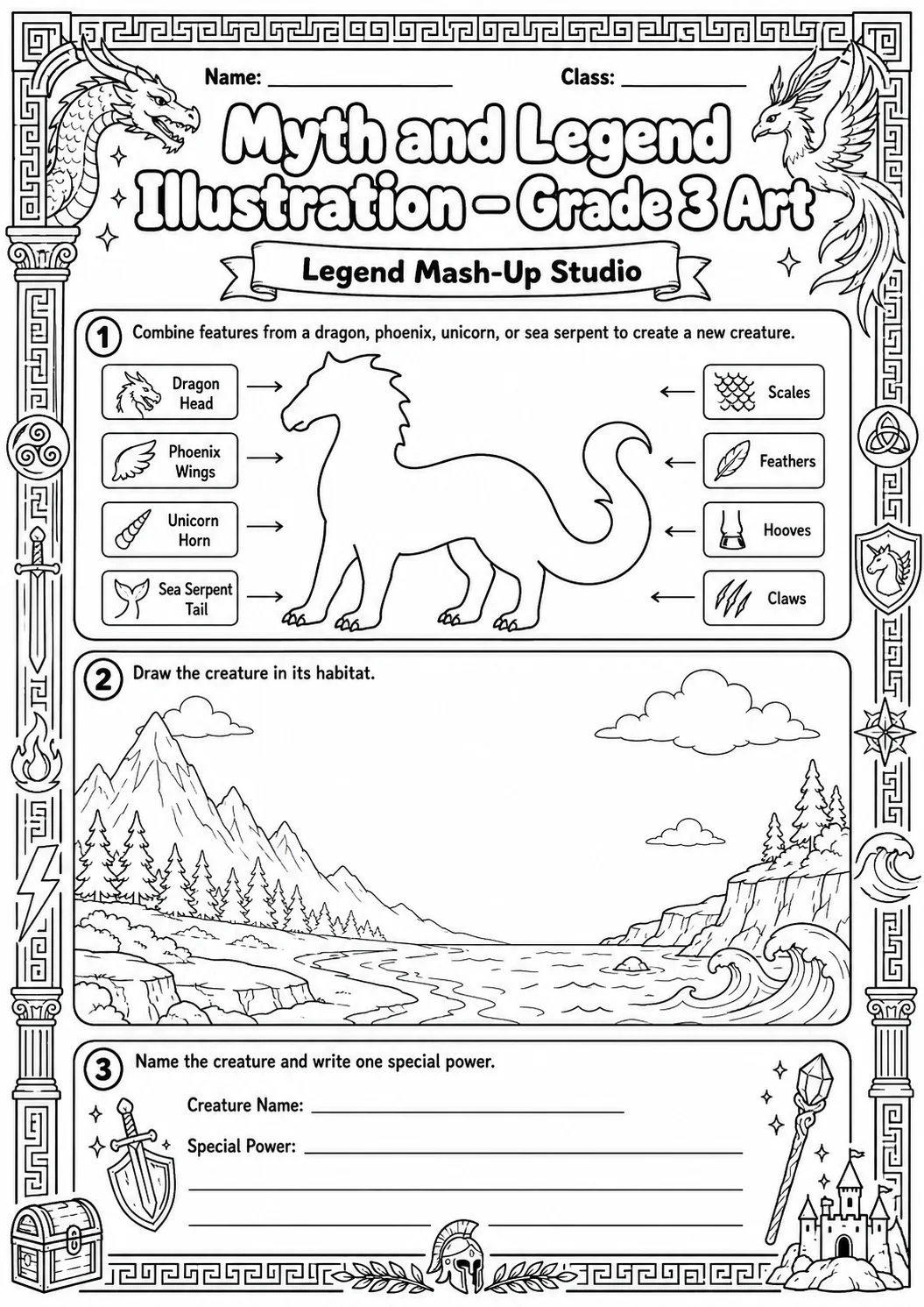 Unicorn and Shield Illustration Worksheet Pack page 10 preview