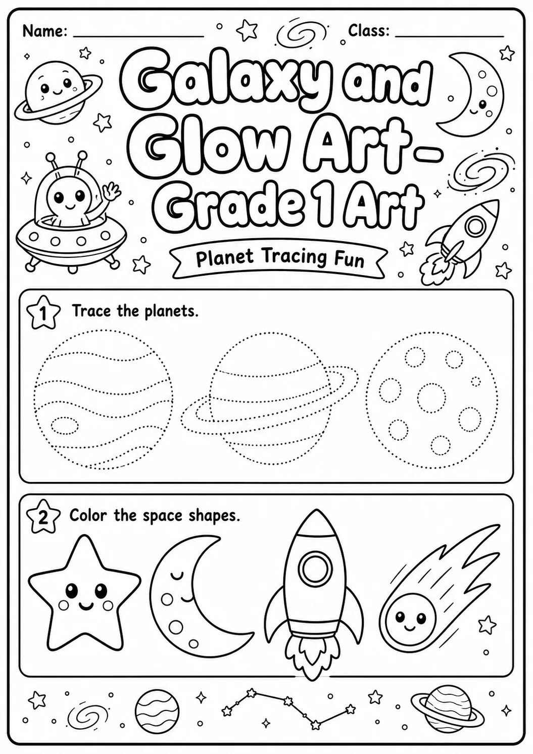Galaxy Space Tracing Worksheet Pack printable Art worksheet preview from KiwiBee
