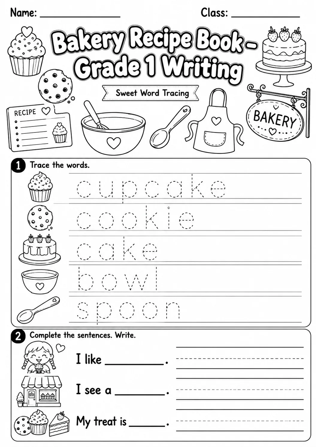 Bakery Recipe Book Writing Worksheet Pack printable English Language worksheet preview from KiwiBee