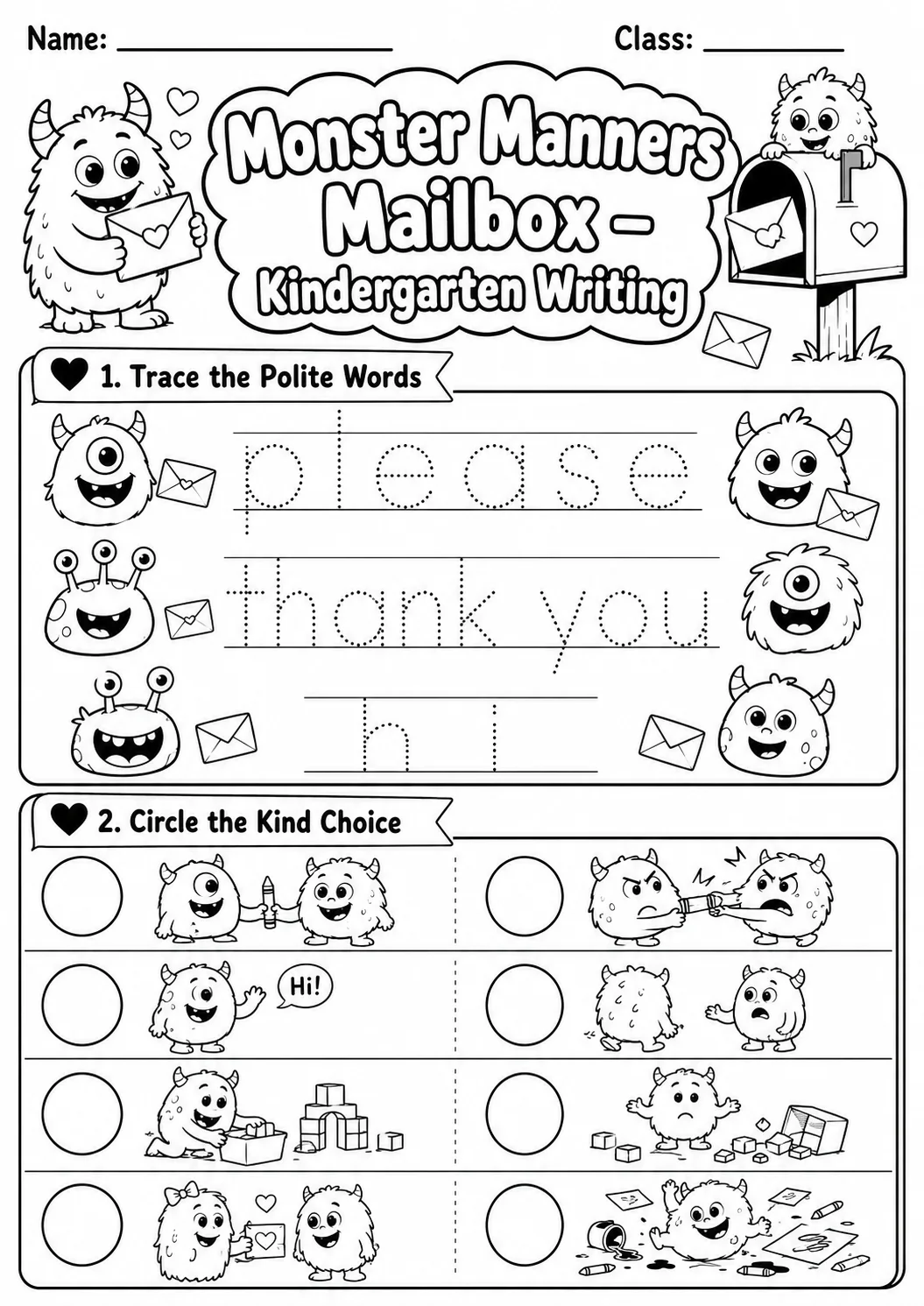 Monster Manners Mailbox Writing Worksheet Pack printable English Language worksheet preview from KiwiBee