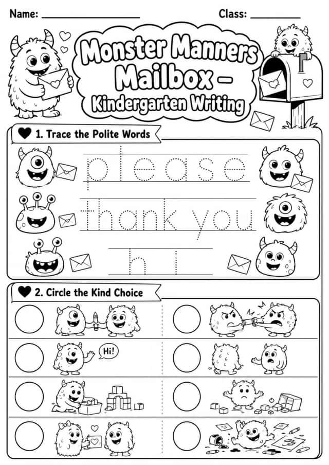 Monster Manners Mailbox Writing Worksheet Pack
