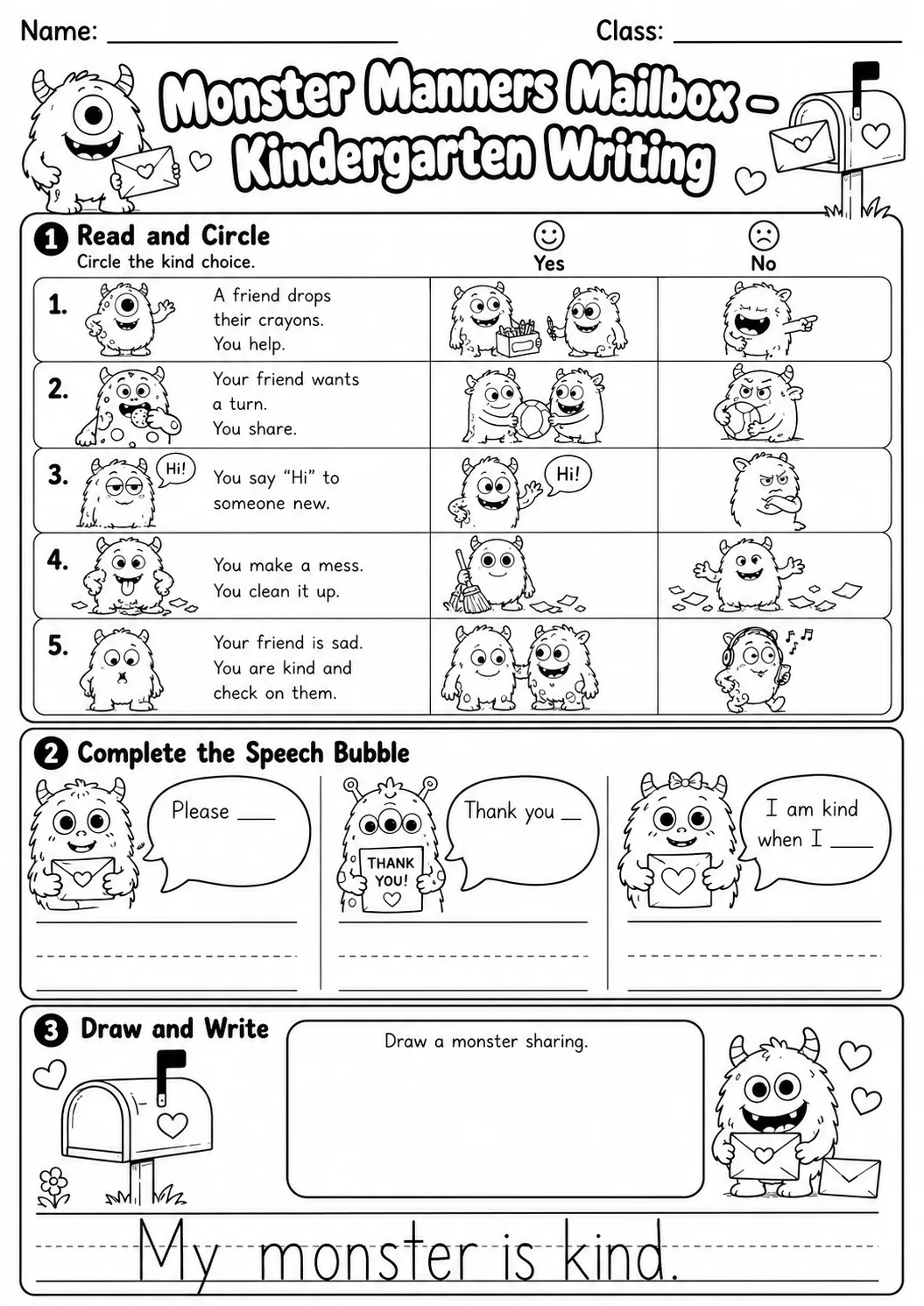 Monster Manners Mailbox Writing Worksheet Pack page 7 preview