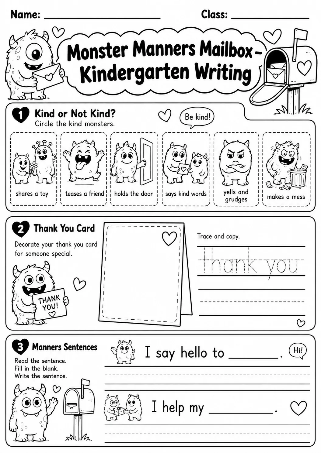 Monster Manners Mailbox Writing Worksheet Pack page 8 preview