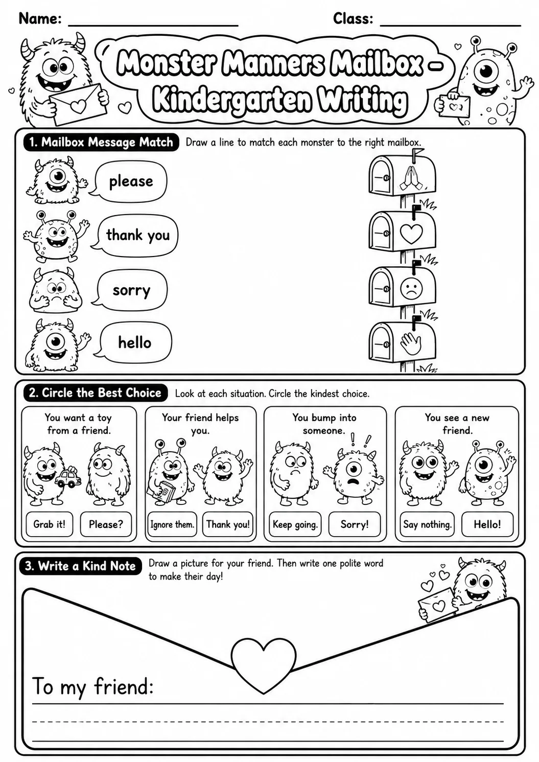 Monster Manners Mailbox Writing Worksheet Pack page 9 preview