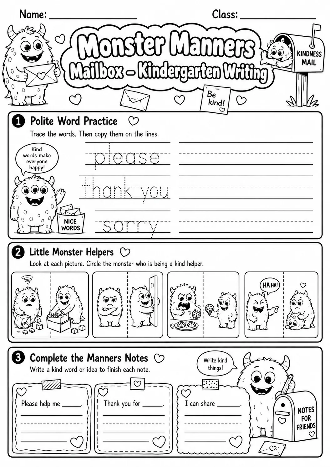 Monster Manners Mailbox Writing Worksheet Pack page 10 preview