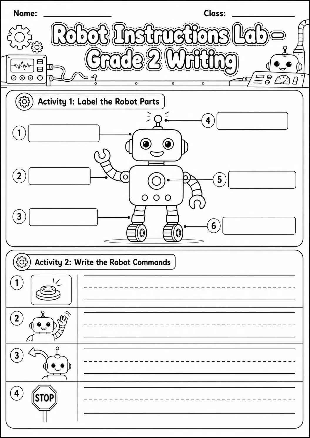 Robot Instructions Writing Lab Worksheet Pack printable English Language worksheet preview from KiwiBee