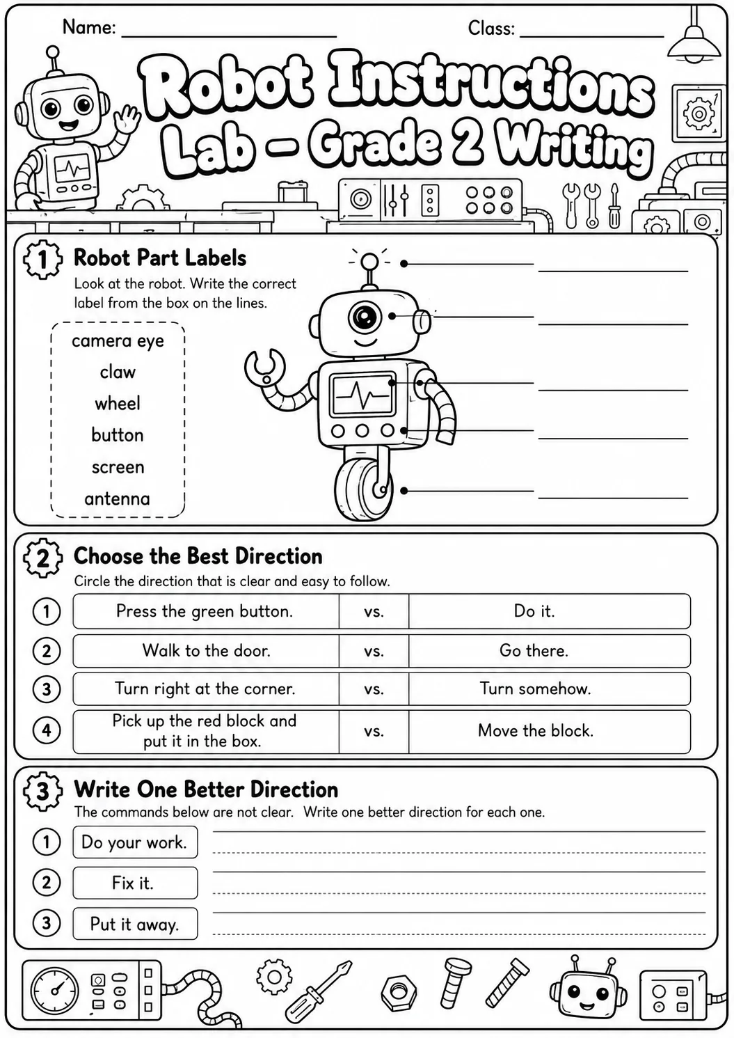 Robot Instructions Writing Lab Worksheet Pack page 6 preview