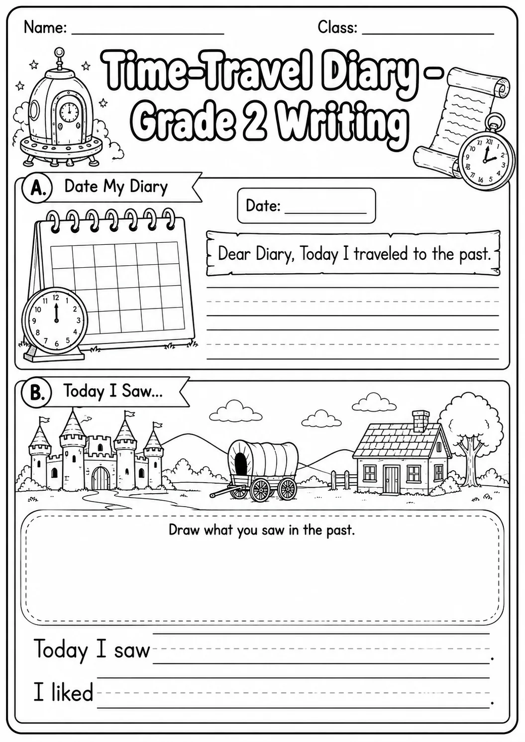 Time Travel Diary Writing Worksheet Pack printable English Language worksheet preview from KiwiBee