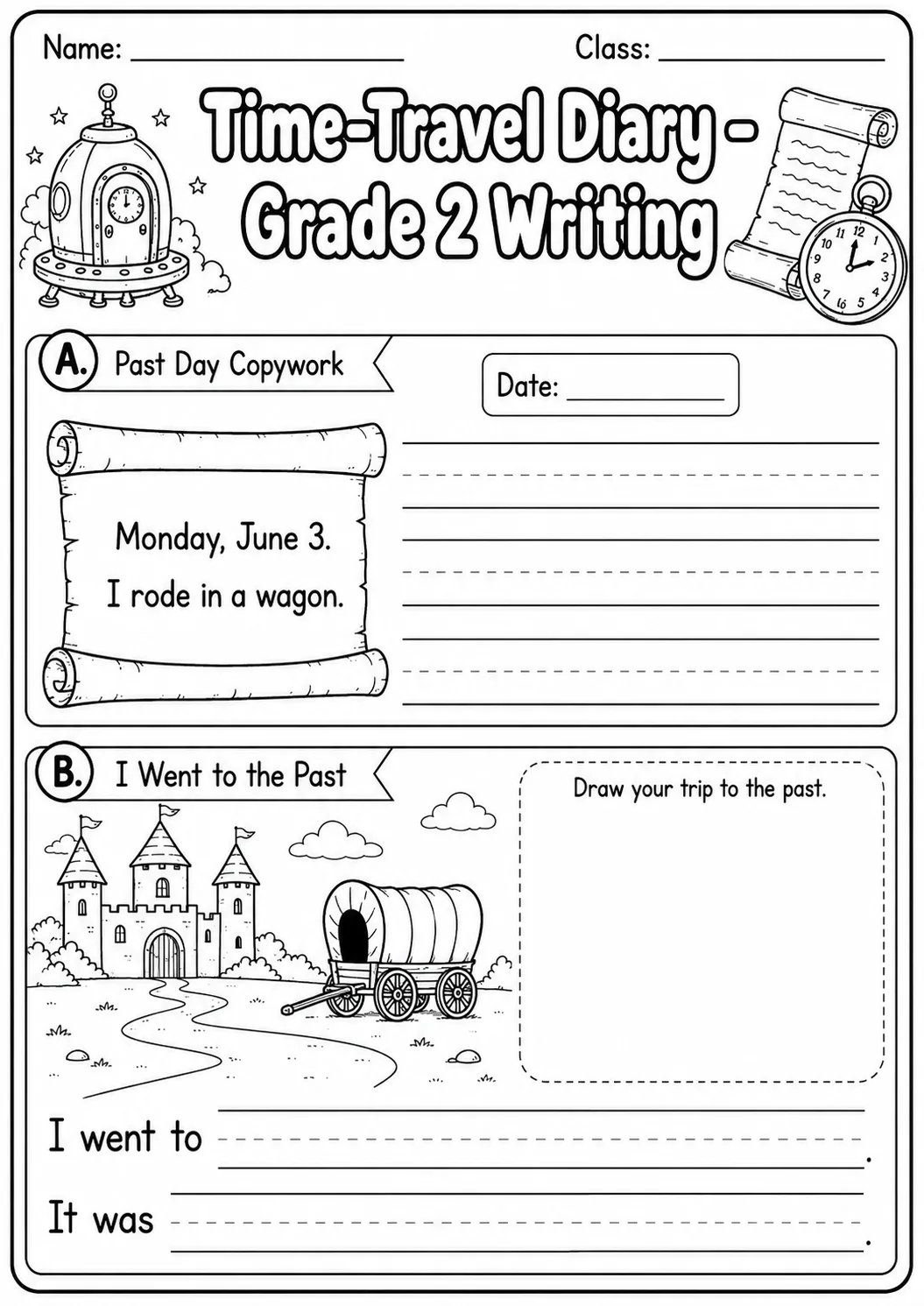 Time Travel Diary Writing Worksheet Pack page 2 preview