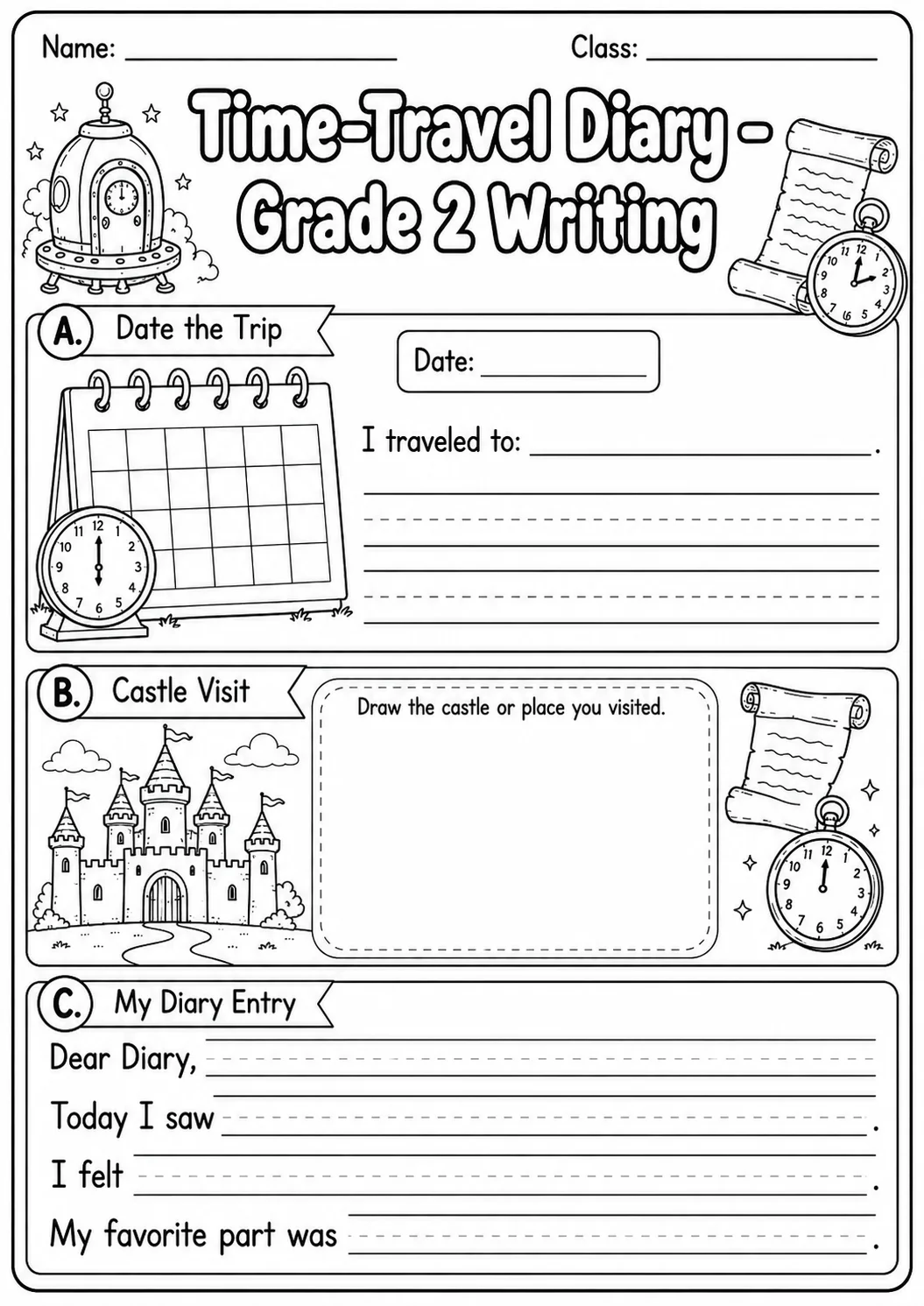Time Travel Diary Writing Worksheet Pack page 4 preview