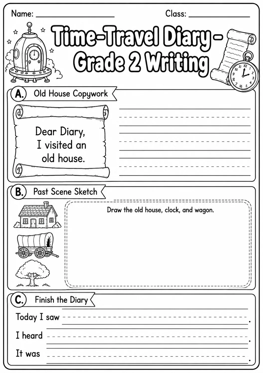 Time Travel Diary Writing Worksheet Pack page 6 preview