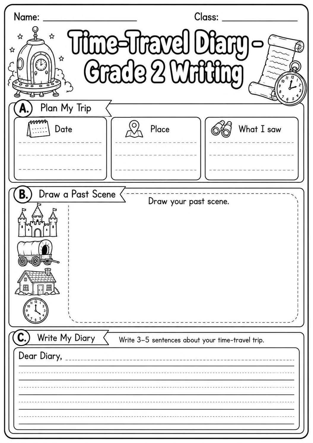 Time Travel Diary Writing Worksheet Pack page 7 preview