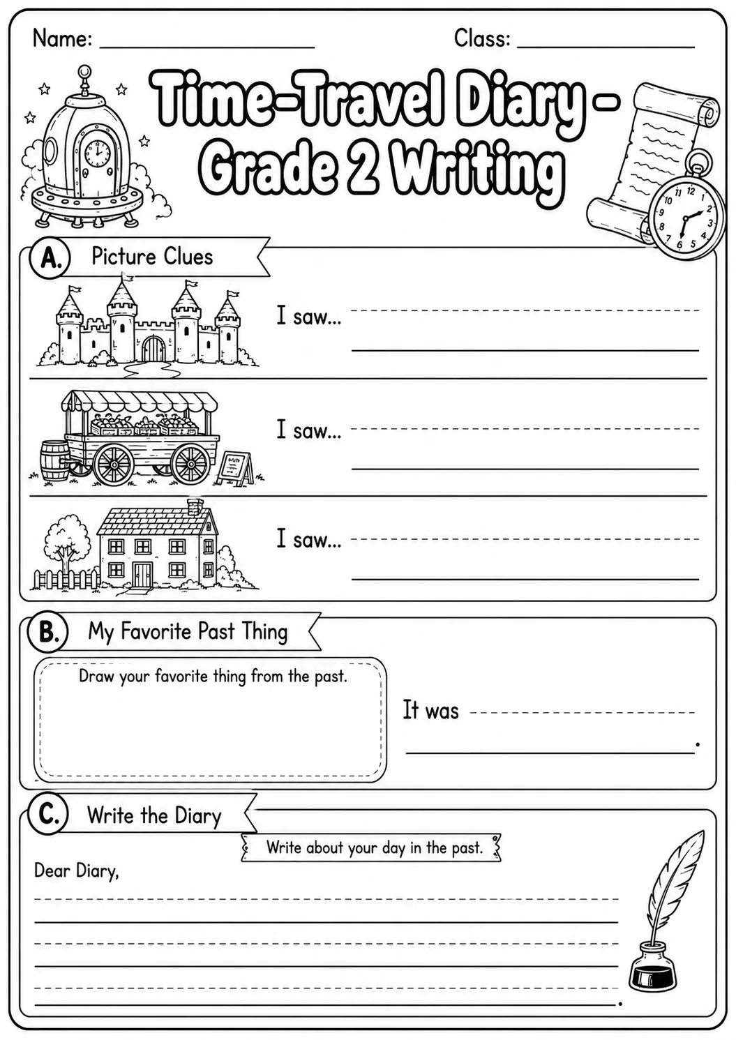 Time Travel Diary Writing Worksheet Pack page 9 preview