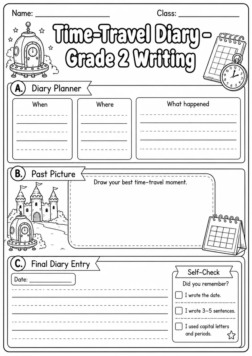 Time Travel Diary Writing Worksheet Pack page 10 preview