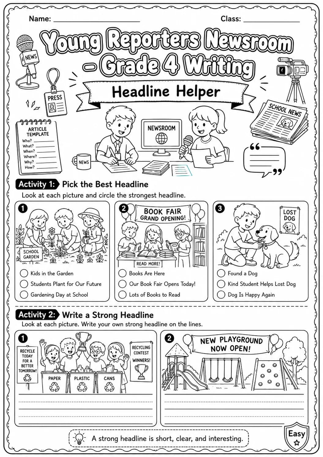 Young Reporters Newsroom Headline Writing Worksheet Pack printable English Language worksheet preview from KiwiBee
