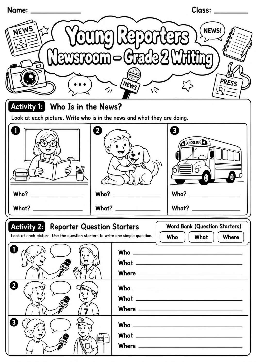 Young Reporters Newsroom Writing Worksheet Pack page 2 preview