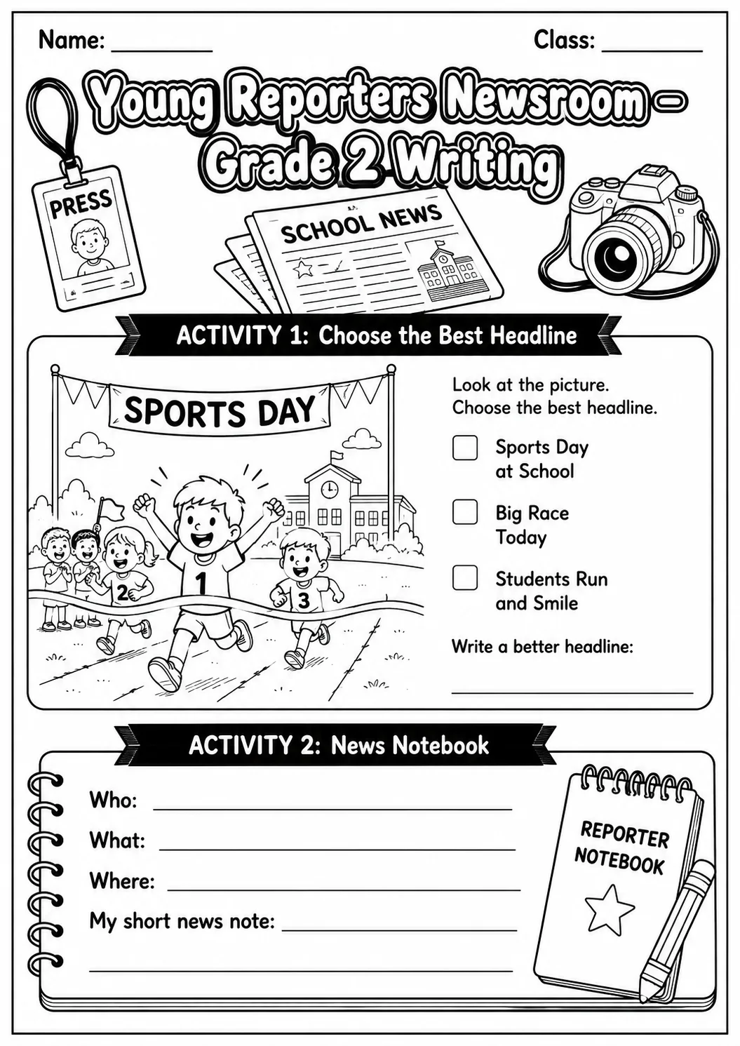 Young Reporters Newsroom Writing Worksheet Pack page 6 preview