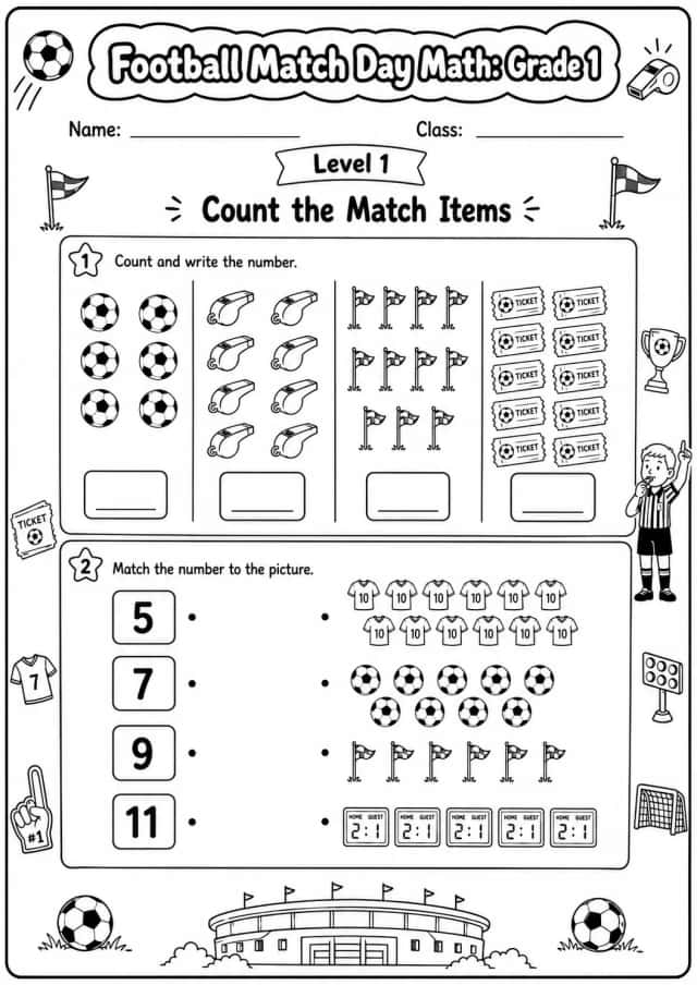 Football Math: Counting and Addition Worksheet Pack