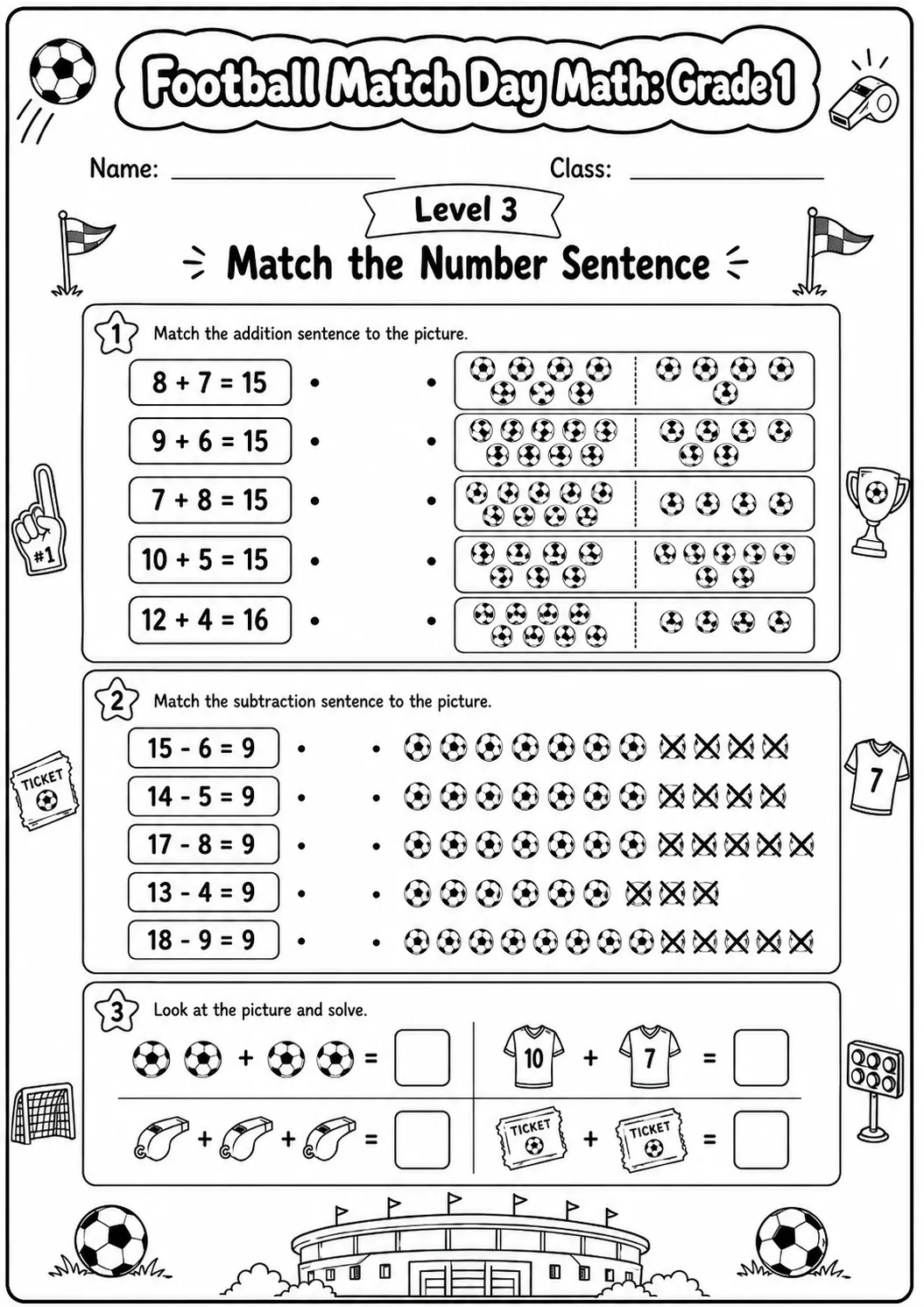 Football Math: Counting and Addition Worksheet Pack page 7 preview