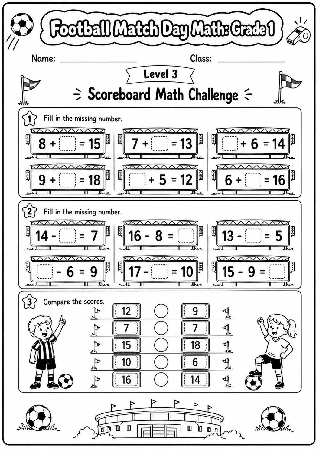 Football Math: Counting and Addition Worksheet Pack page 9 preview