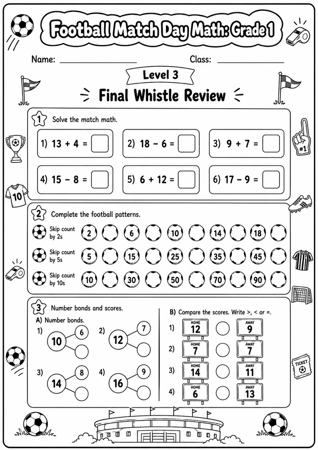 Football Math: Counting and Addition Worksheet Pack page 10 preview
