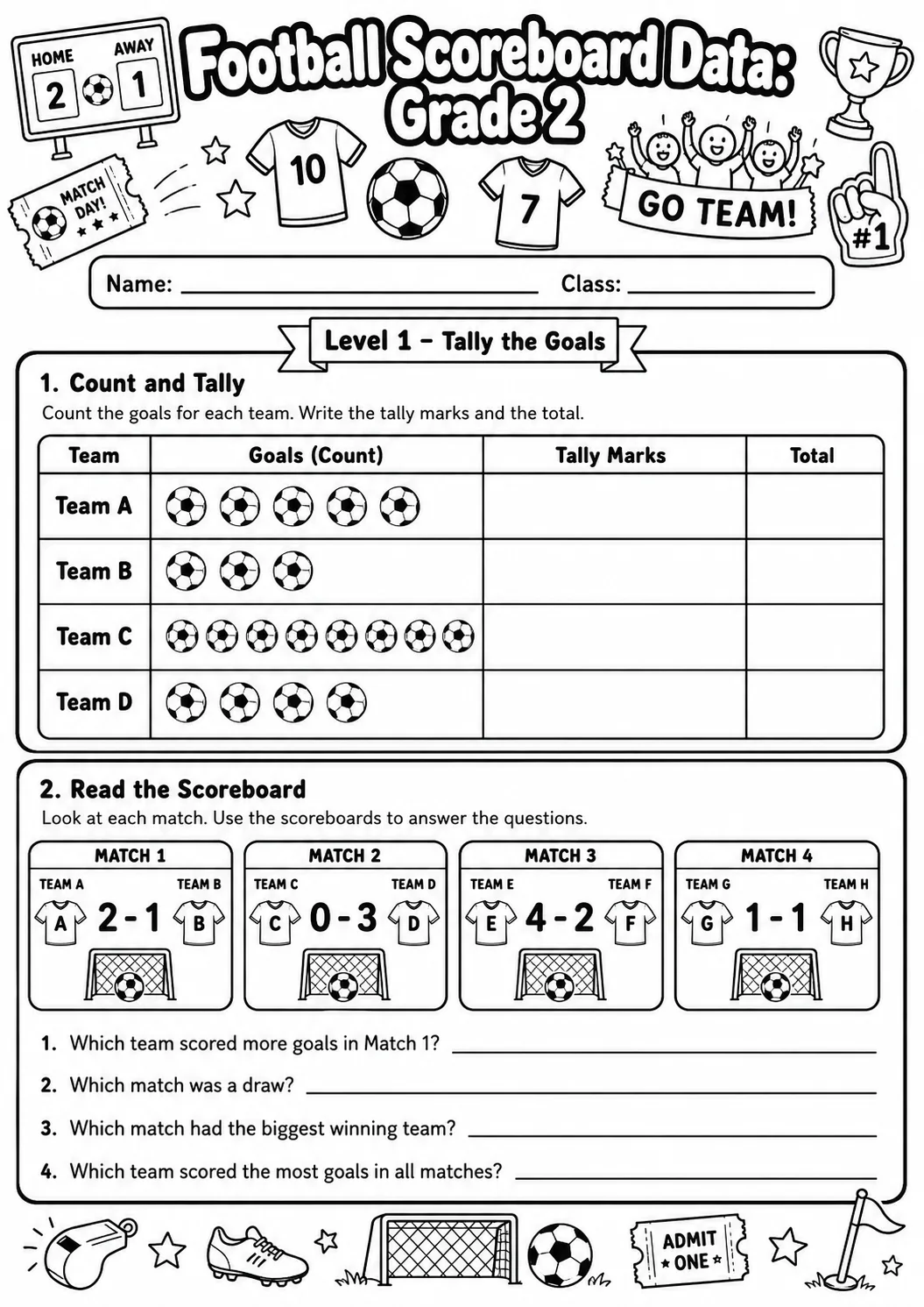 Football Scoreboard Data Worksheet Pack printable Math worksheet preview from KiwiBee