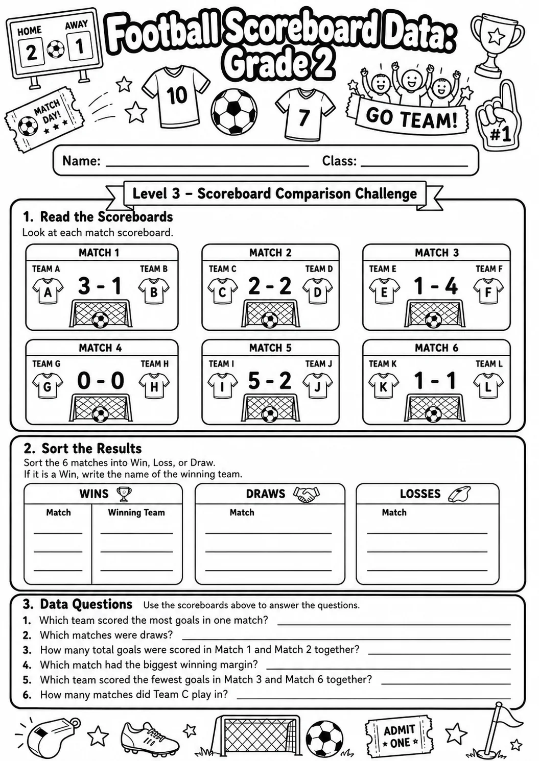 Football Scoreboard Data Worksheet Pack page 8 preview