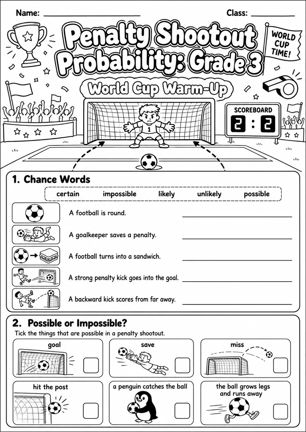 Penalty Shootout Probability Worksheet Pack printable Math worksheet preview from KiwiBee